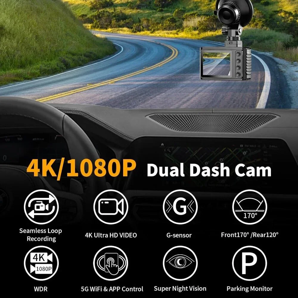 Dash Cam Front and Rear 4K Dual Channel with 64GB Card Wide Angle Night Vision